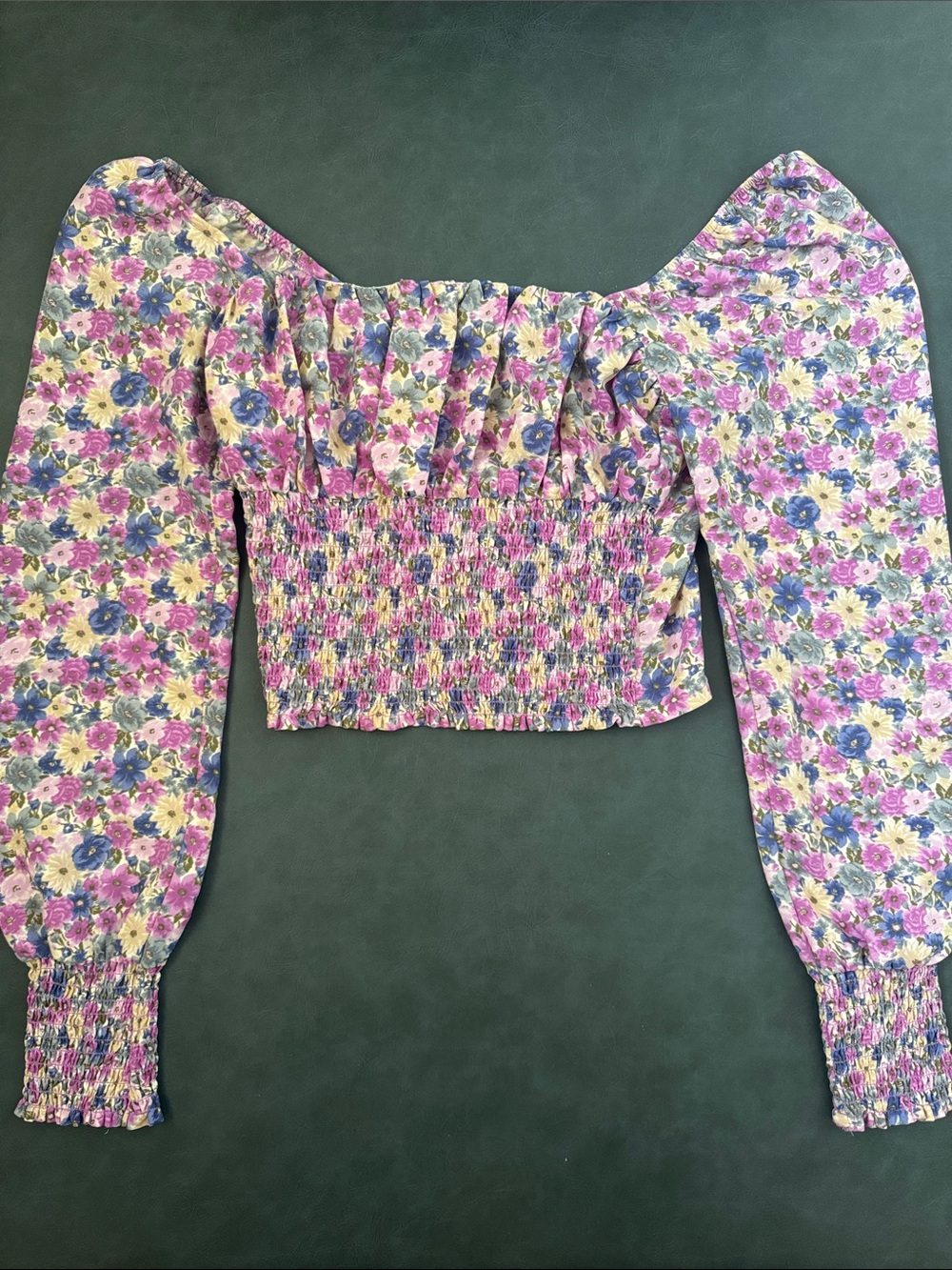 Forever 21 Floral Smocked Crop Top with Puff Sleeves - Pink & Purple - Size S